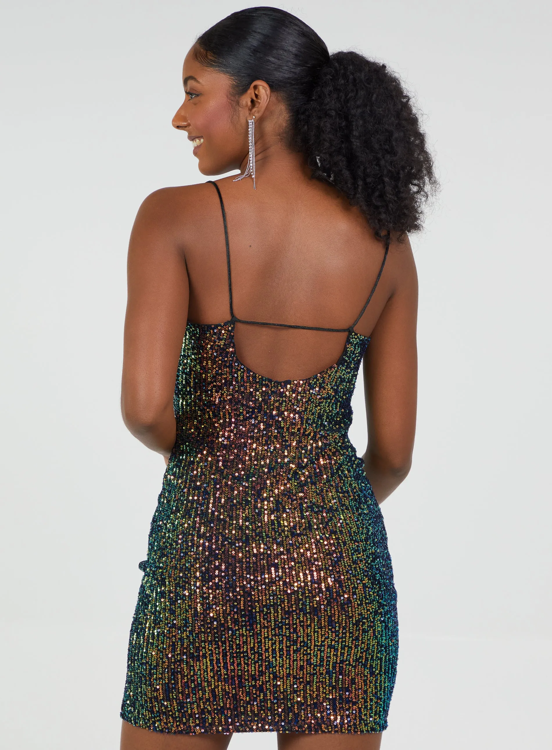 Cowl Neck Sequin Mini Dress