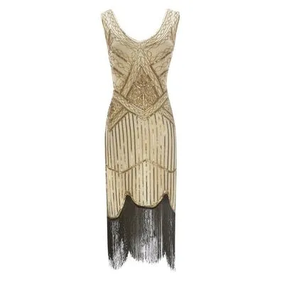 Cream and Gold Beaded 1920's Gatsby Dress