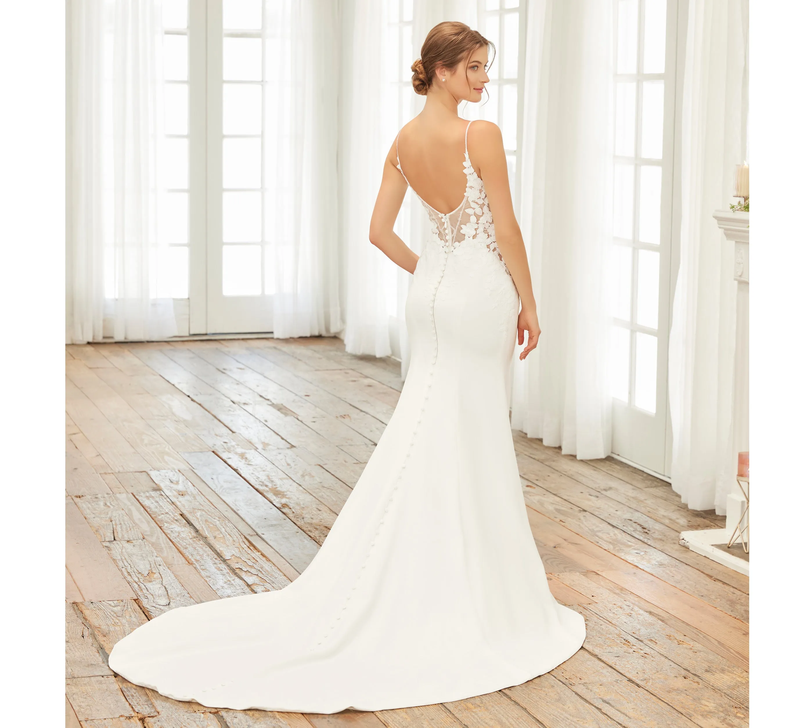 Crepe And Lace Fit-And-Flare Gown With Detachable Long Sleeves In Ivory Nude