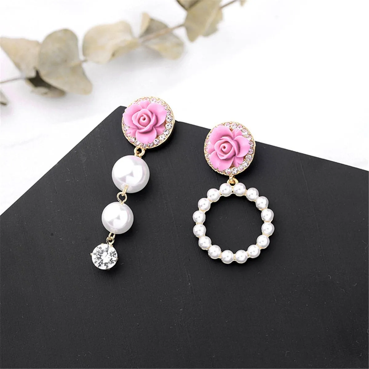 Cubic Zirconia & Pearl Resin 18K Gold-Plated Flower Drop Earring