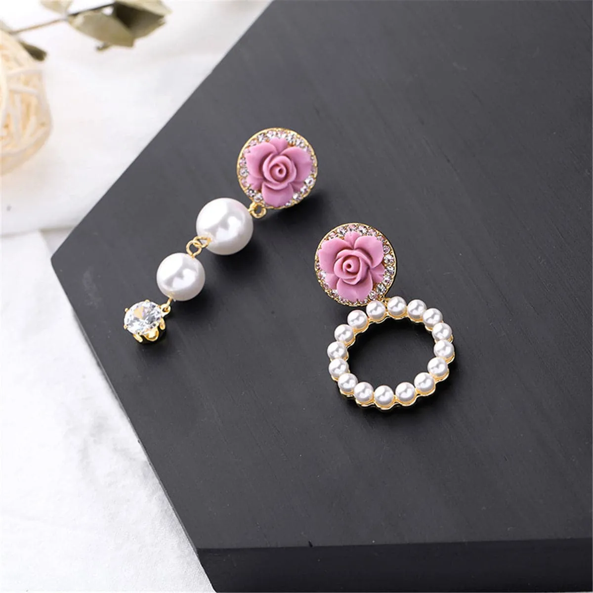 Cubic Zirconia & Pearl Resin 18K Gold-Plated Flower Drop Earring