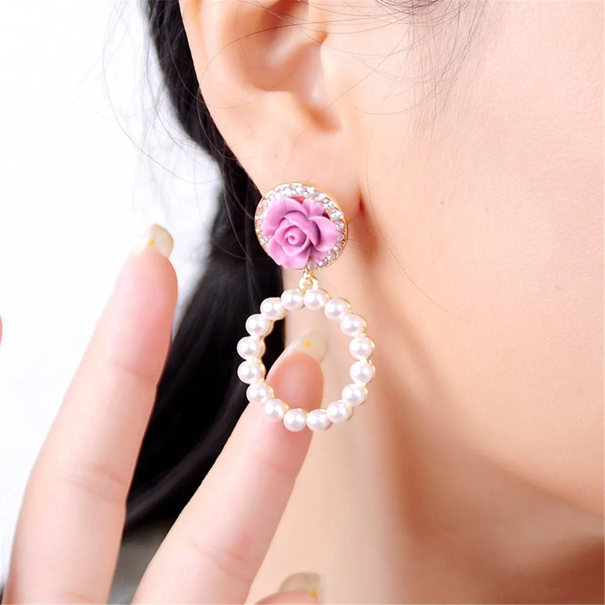 Cubic Zirconia & Pearl Resin 18K Gold-Plated Flower Drop Earring