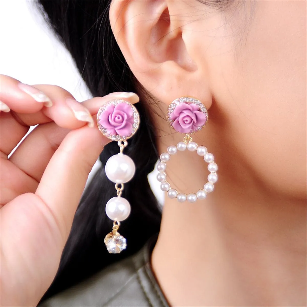 Cubic Zirconia & Pearl Resin 18K Gold-Plated Flower Drop Earring