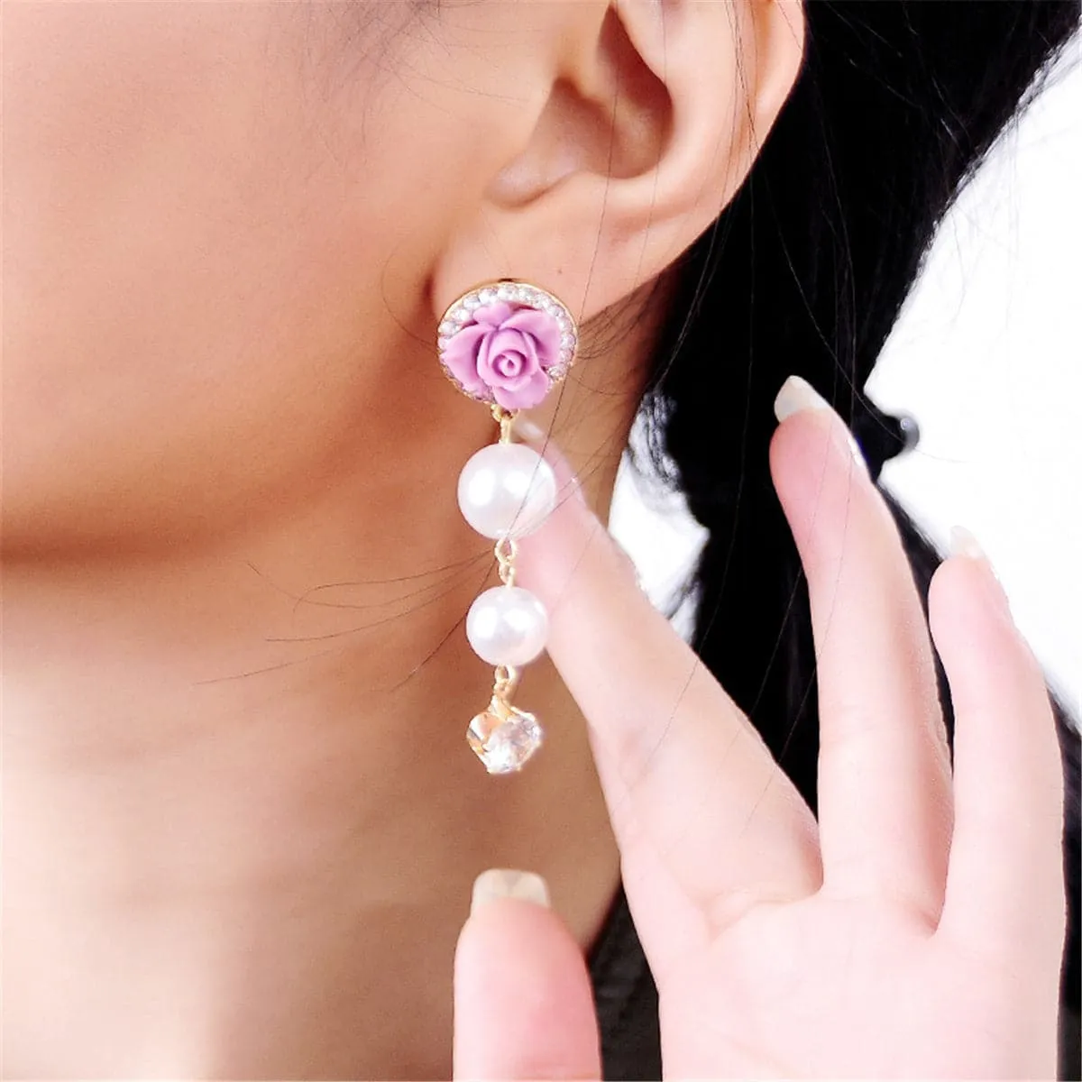 Cubic Zirconia & Pearl Resin 18K Gold-Plated Flower Drop Earring