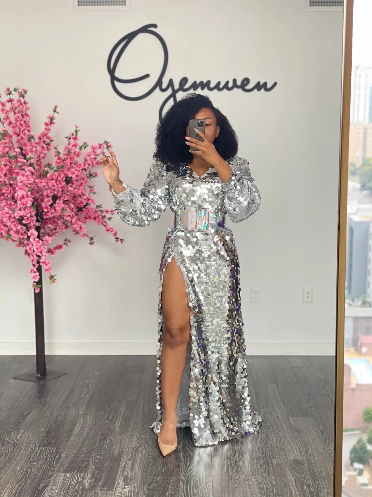 Custom Oyemwen Silver Sequin High Slit Birthday Dress