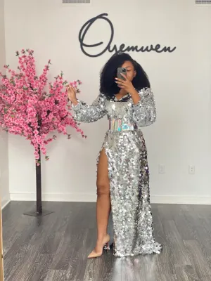 Custom Oyemwen Silver Sequin High Slit Birthday Dress