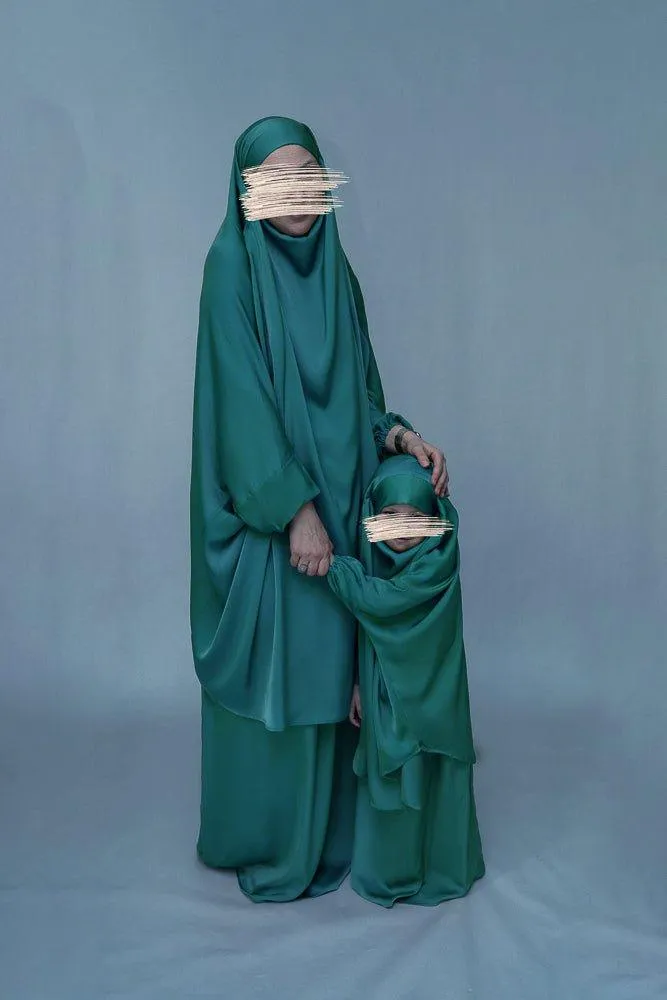 Dark Green KIDS prayer gown from "Mommy and me prayer khimar collection