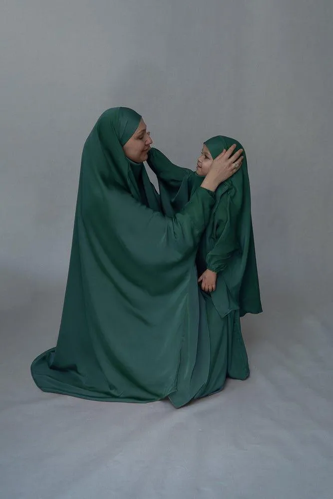Dark Green KIDS prayer gown from "Mommy and me prayer khimar collection