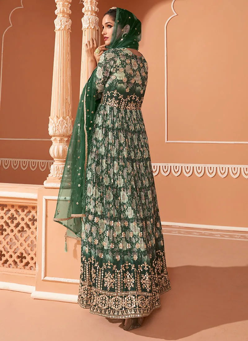 Dark Green Multi Colour Floral Embroidered Anarkali