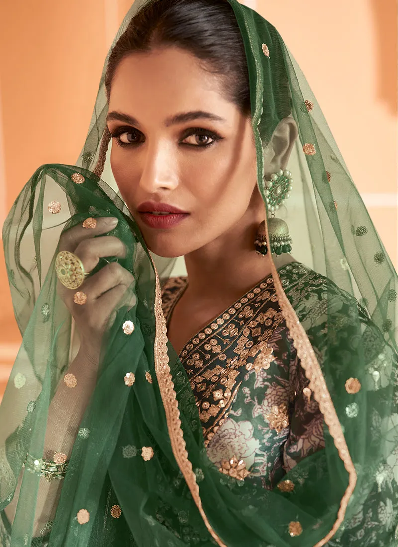 Dark Green Multi Colour Floral Embroidered Anarkali