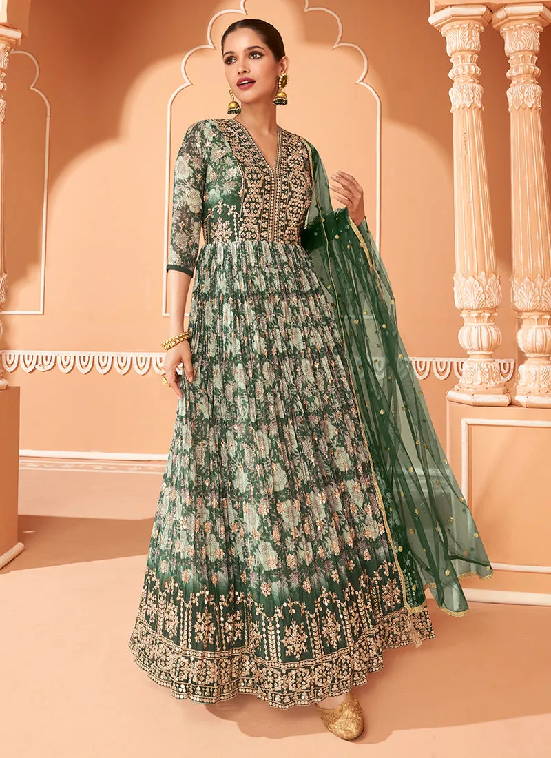 Dark Green Multi Colour Floral Embroidered Anarkali