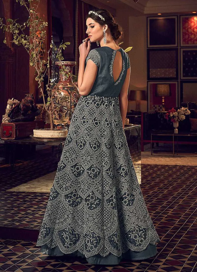Dark Grey Heavy Embroidered Lehenga/ Pant Style Anarkali