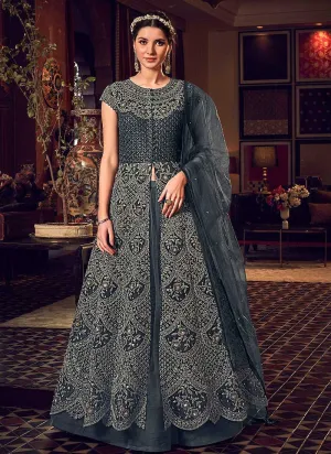 Dark Grey Heavy Embroidered Lehenga/ Pant Style Anarkali