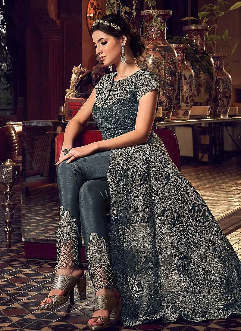 Dark Grey Heavy Embroidered Lehenga/ Pant Style Anarkali