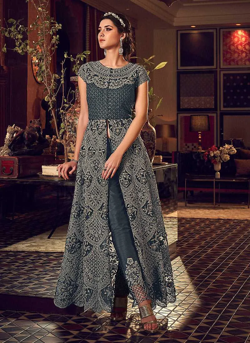 Dark Grey Heavy Embroidered Lehenga/ Pant Style Anarkali