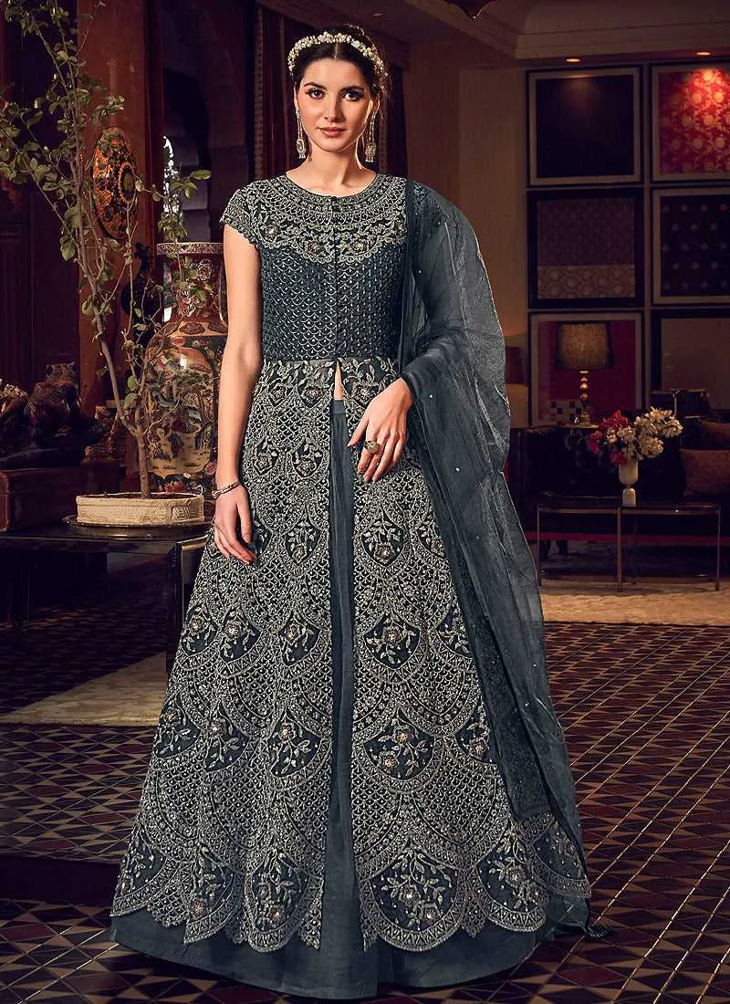 Dark Grey Heavy Embroidered Lehenga/ Pant Style Anarkali