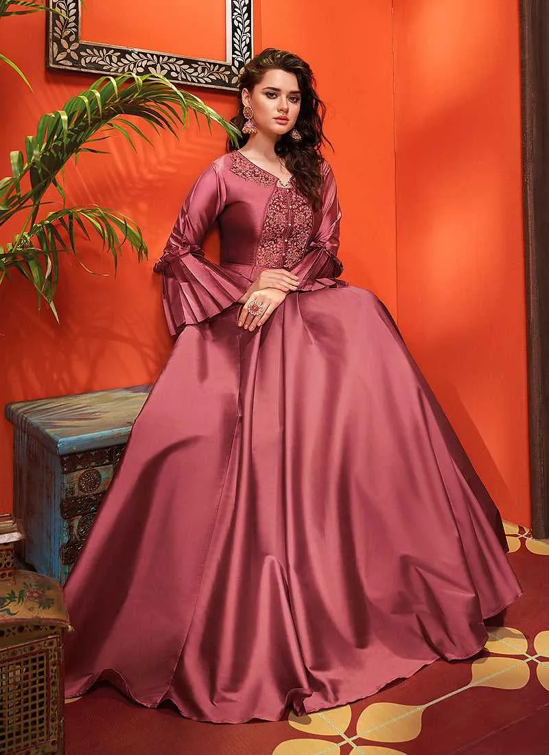 Dark Pink Embroidered Art Silk Gown