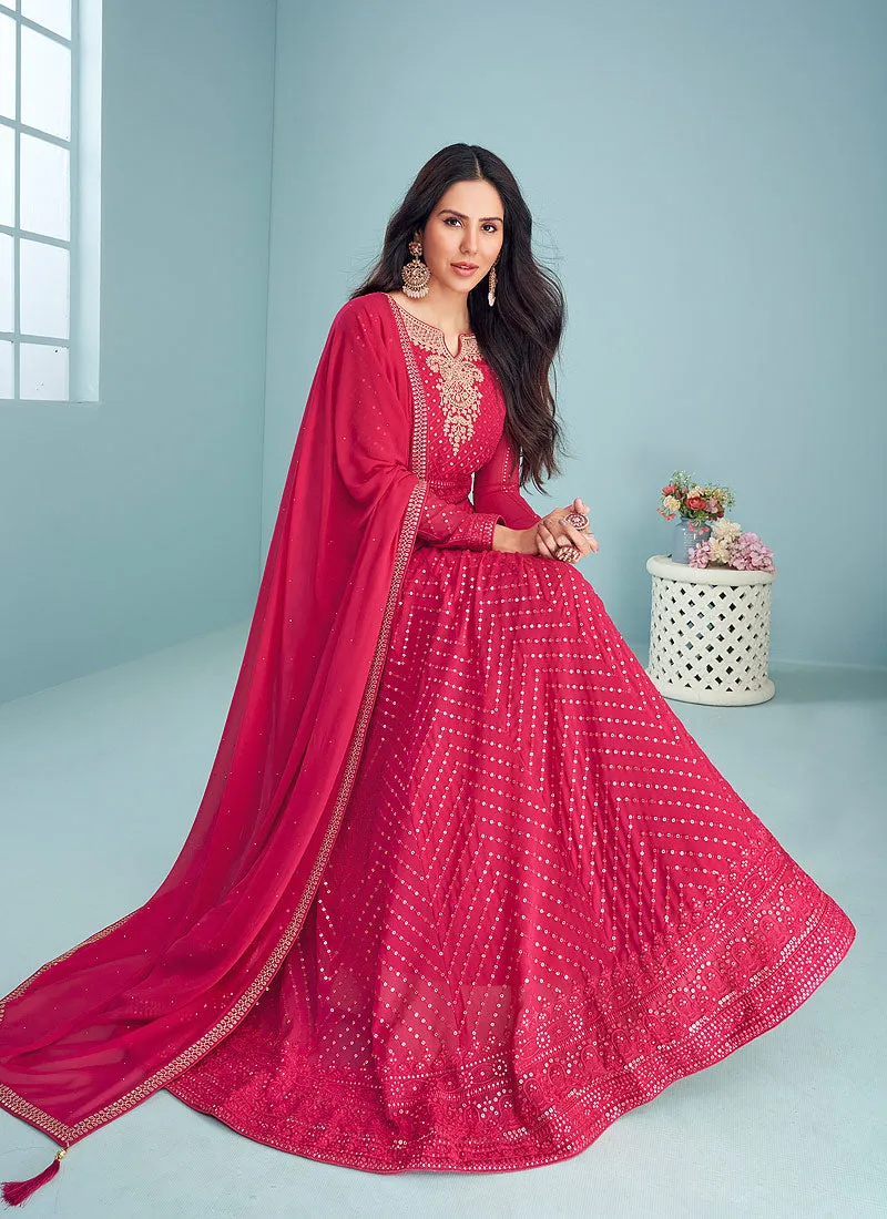 Dark Pink Sequins Embroidered Kalidar Anarkali