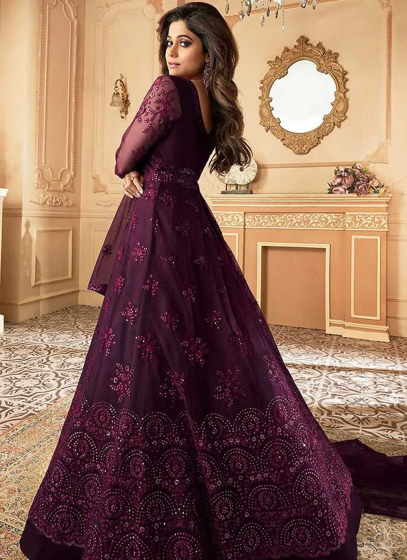Dark Purple Heavy Embroidered Kalidar Gown Style Anarkali
