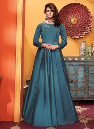 Deep Blue Embroidered Art Silk Gown