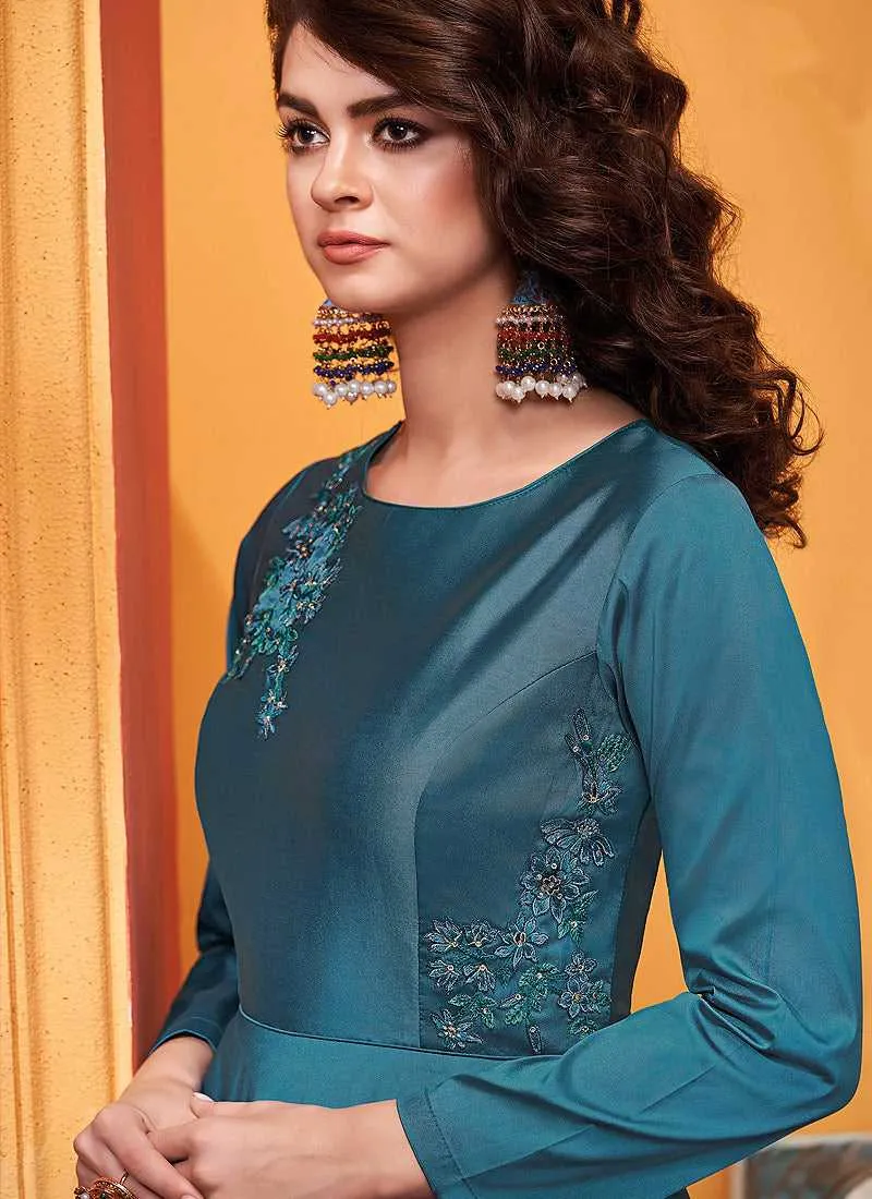 Deep Blue Embroidered Art Silk Gown