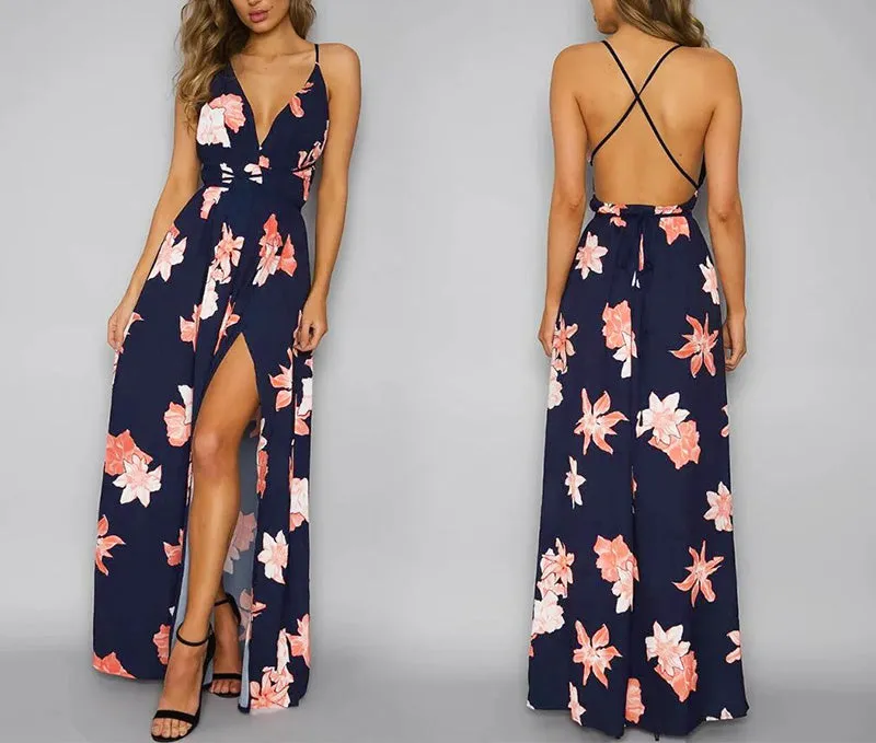 Deep v neck backless long dress