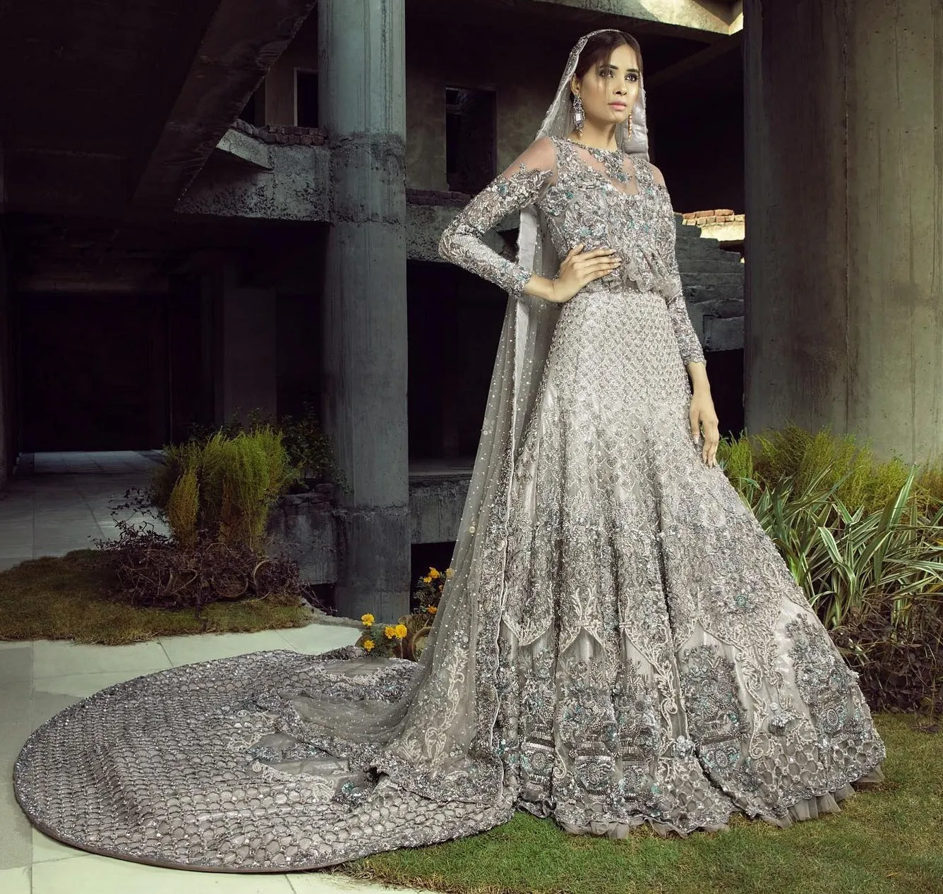 Designer Embellished Grey Peplum Choli Lehenga Attire