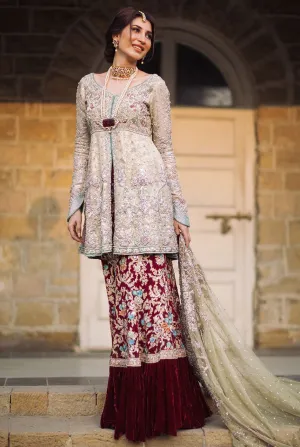 Designer plazoo dress with open shirt in maroon color # B3328
