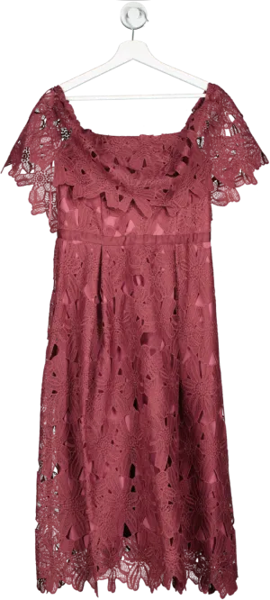 dorothy perkins Luxe Lable Plum Pink Guipure Lace Bardot Midi Dress BNWT UK 12