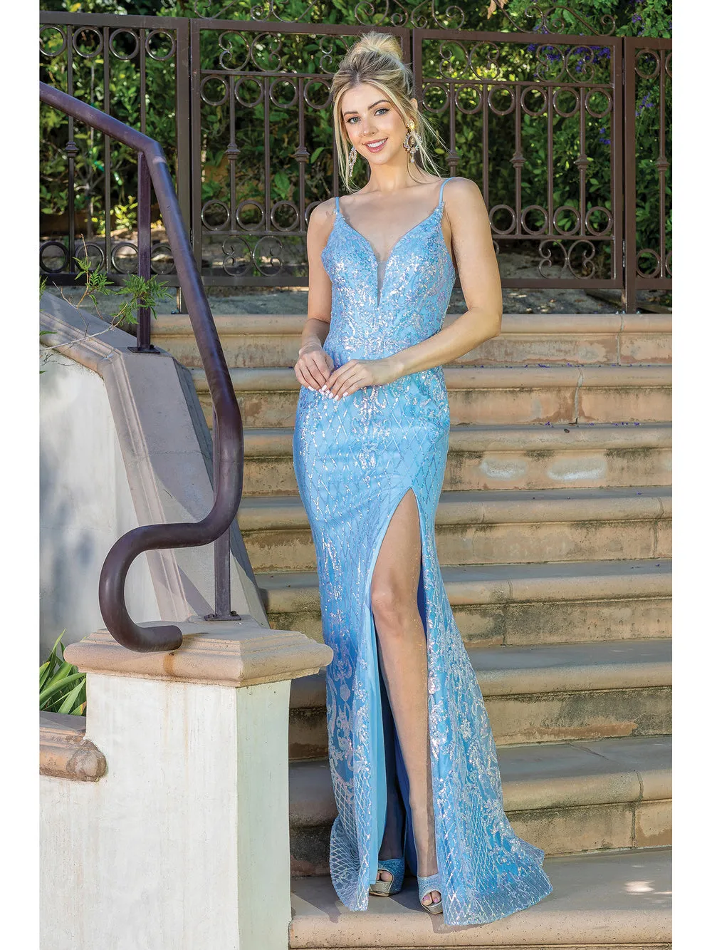 DQ 4248 - Iridescent Sequin Pattern Fit & Flare Prom Gown with V-Neck Leg Slit & Corset Back