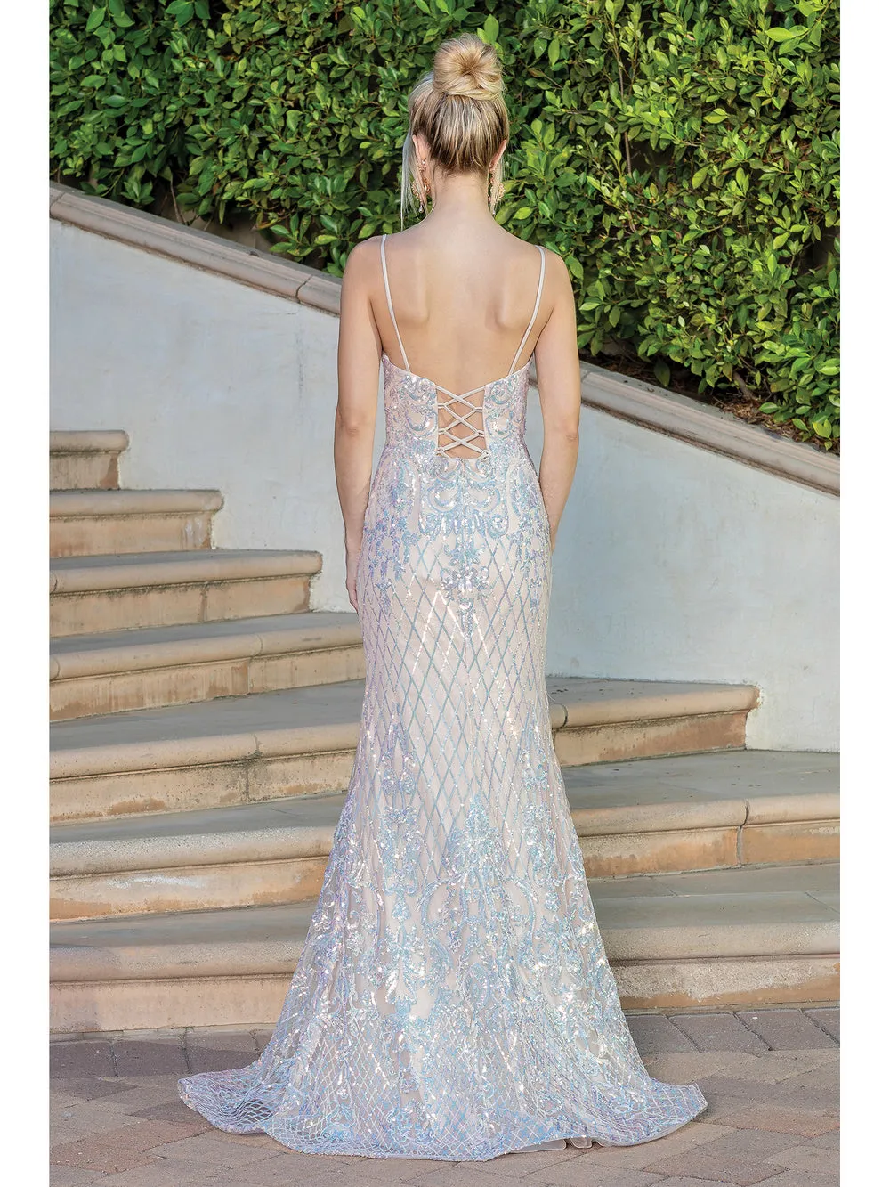 DQ 4248 - Iridescent Sequin Pattern Fit & Flare Prom Gown with V-Neck Leg Slit & Corset Back