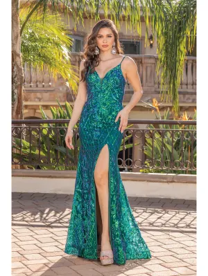 DQ 4248 - Iridescent Sequin Pattern Fit & Flare Prom Gown with V-Neck Leg Slit & Corset Back