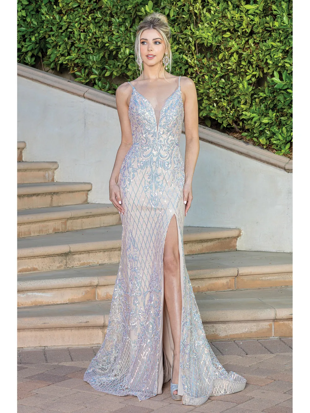 DQ 4248 - Iridescent Sequin Pattern Fit & Flare Prom Gown with V-Neck Leg Slit & Corset Back