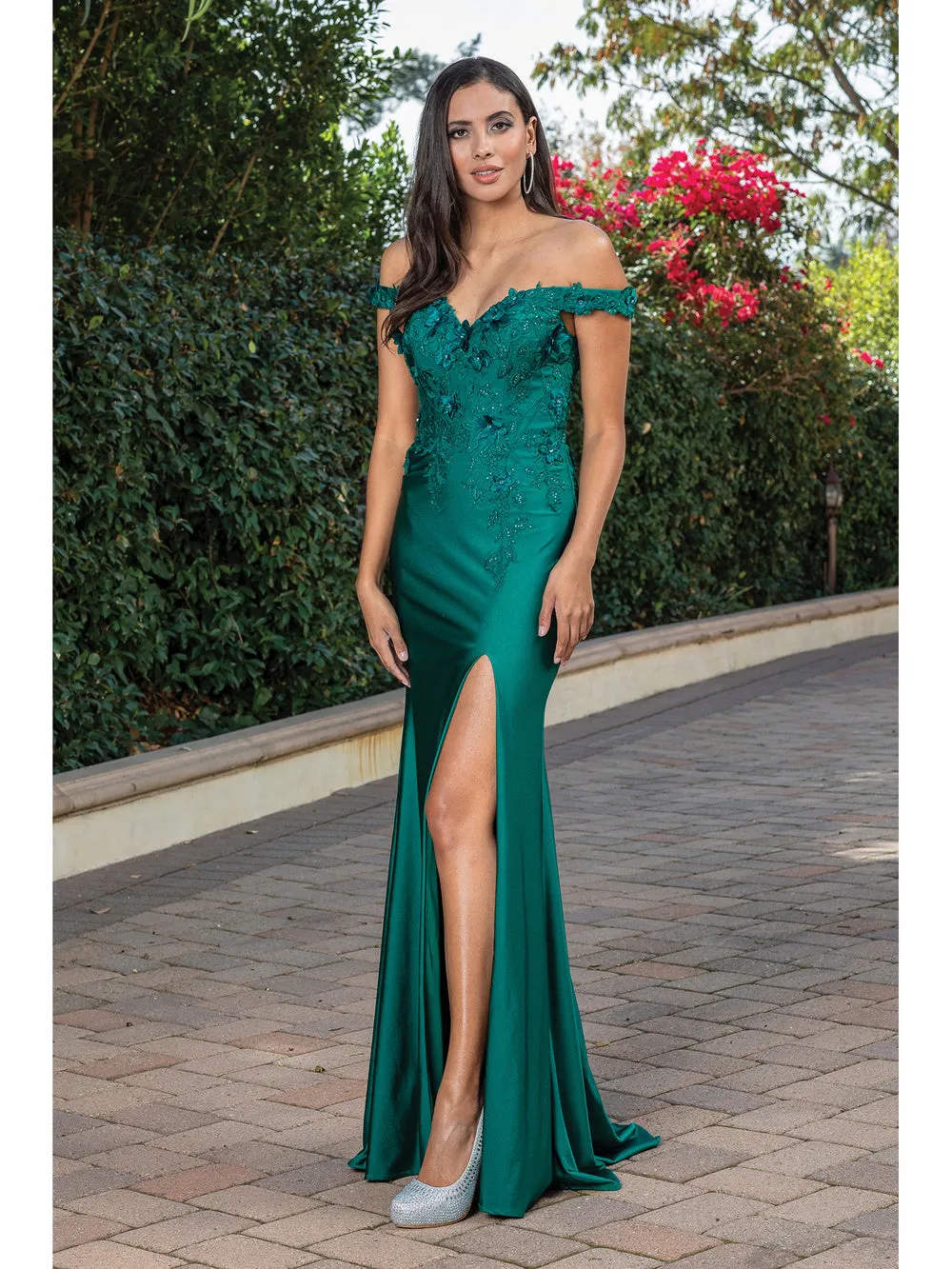 DQ 4291 - Off The Shoulder Fit & Flare Prom Gown With Floral Applique Bodice and Leg Slit