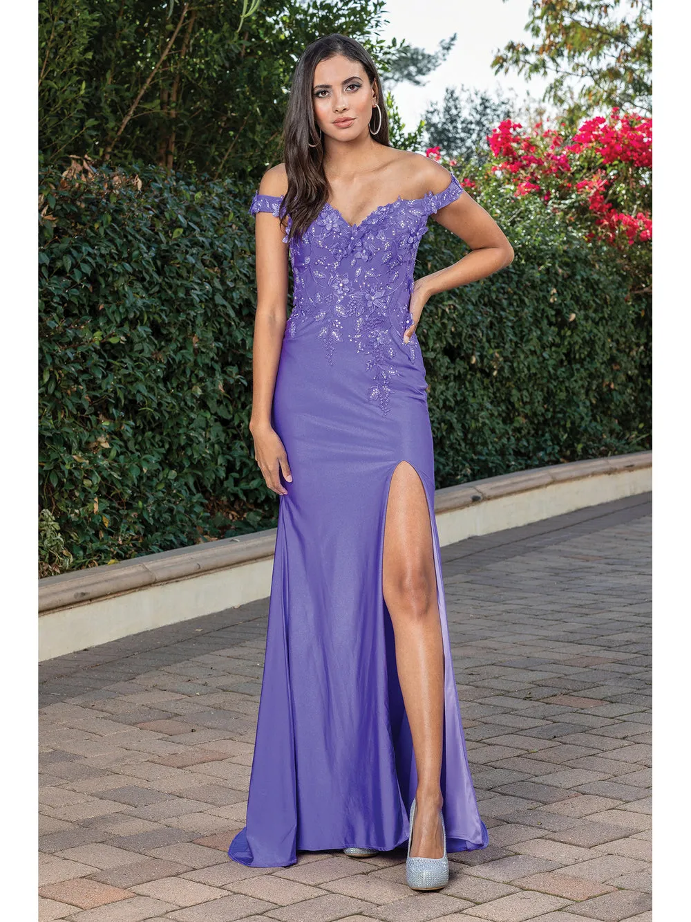 DQ 4291 - Off The Shoulder Fit & Flare Prom Gown With Floral Applique Bodice and Leg Slit