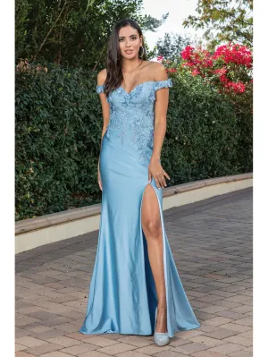DQ 4291 - Off The Shoulder Fit & Flare Prom Gown With Floral Applique Bodice and Leg Slit