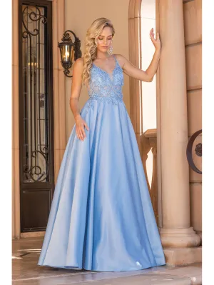 DQ 4326 - Satin A-Line Prom Gown with Sheer 3D floral Applique Bodice & Side Pockets