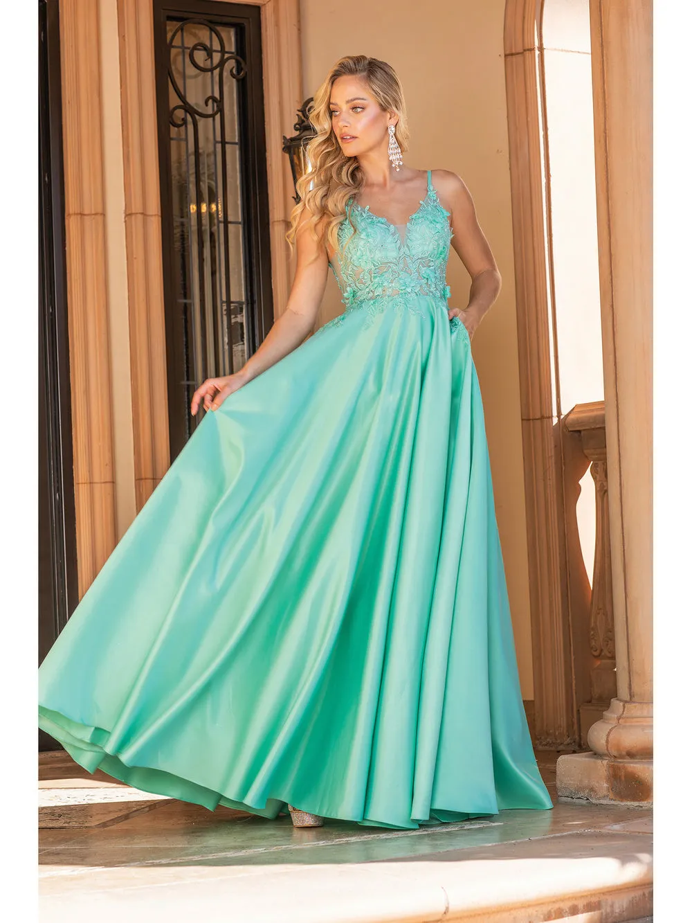DQ 4326 - Satin A-Line Prom Gown with Sheer 3D floral Applique Bodice & Side Pockets