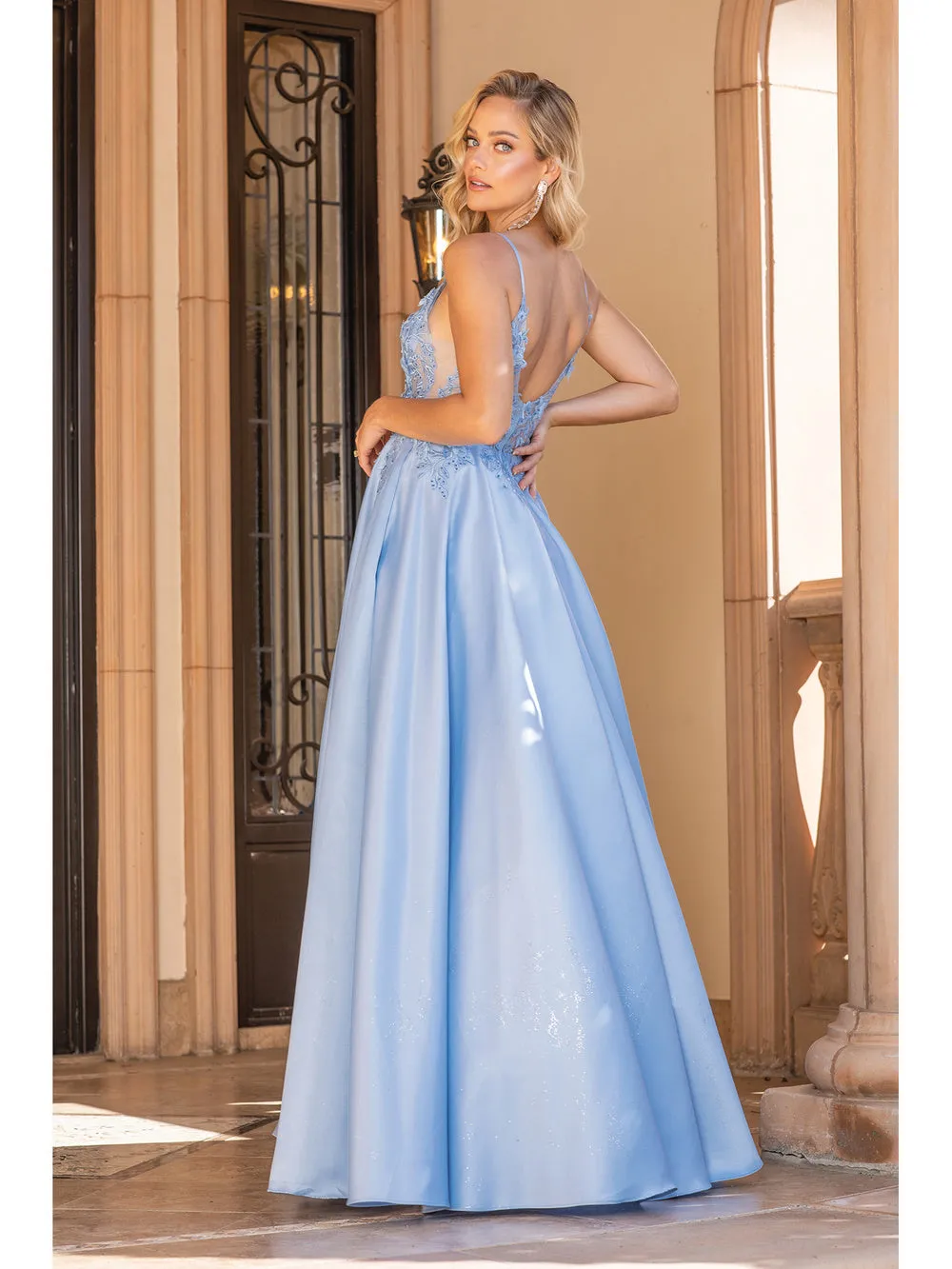 DQ 4326 - Satin A-Line Prom Gown with Sheer 3D floral Applique Bodice & Side Pockets