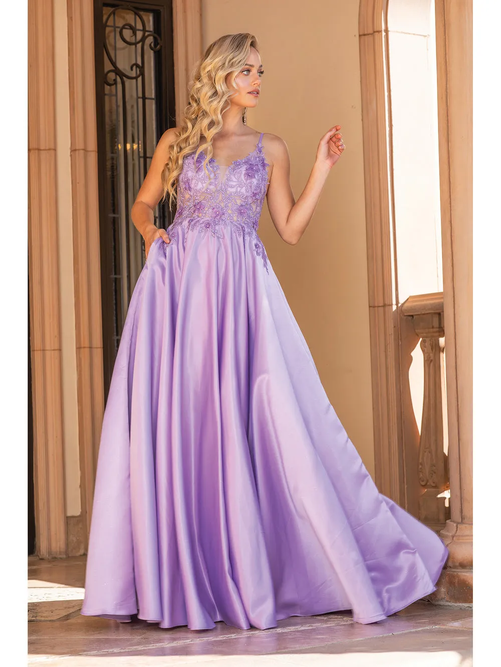DQ 4326 - Satin A-Line Prom Gown with Sheer 3D floral Applique Bodice & Side Pockets