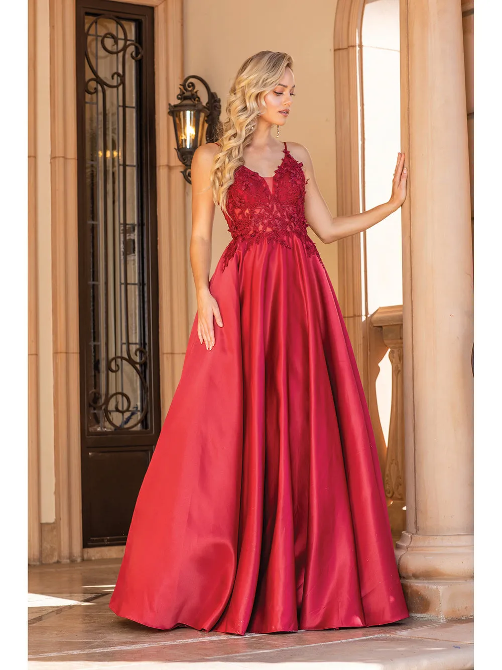 DQ 4326 - Satin A-Line Prom Gown with Sheer 3D floral Applique Bodice & Side Pockets