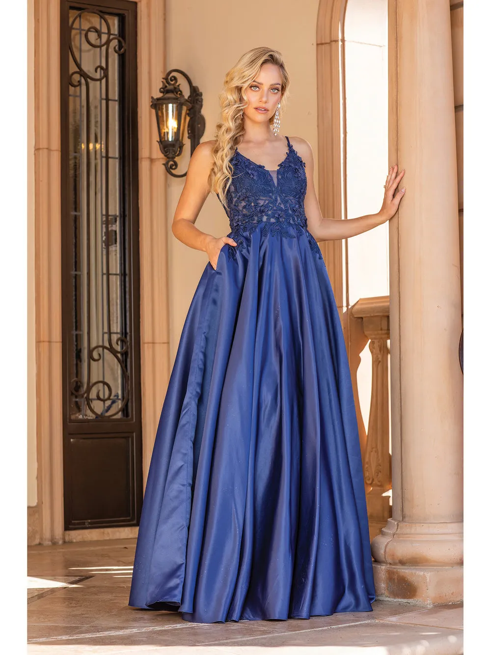 DQ 4326 - Satin A-Line Prom Gown with Sheer 3D floral Applique Bodice & Side Pockets