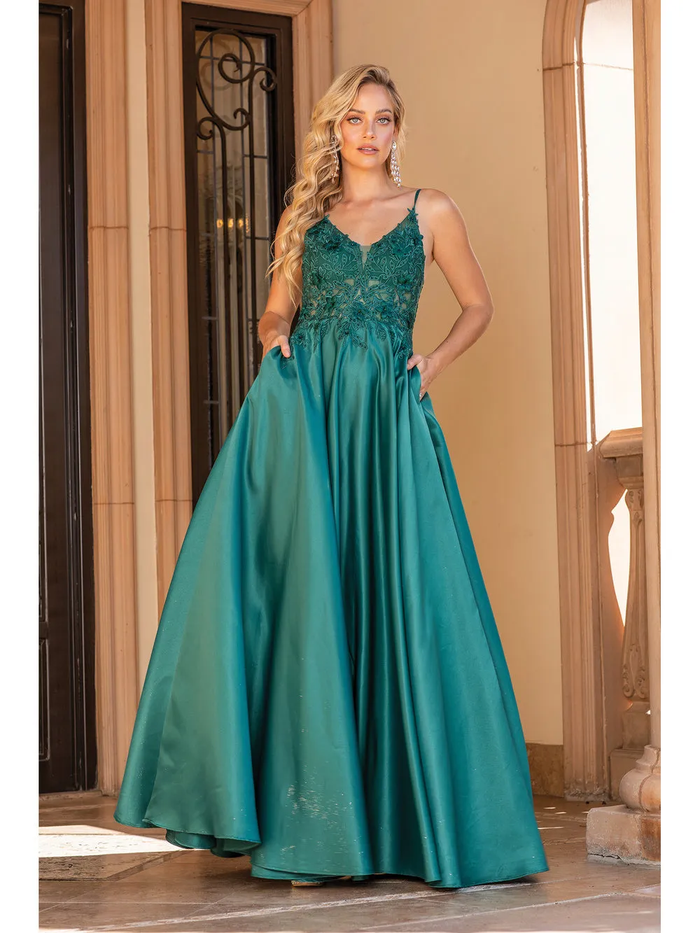 DQ 4326 - Satin A-Line Prom Gown with Sheer 3D floral Applique Bodice & Side Pockets