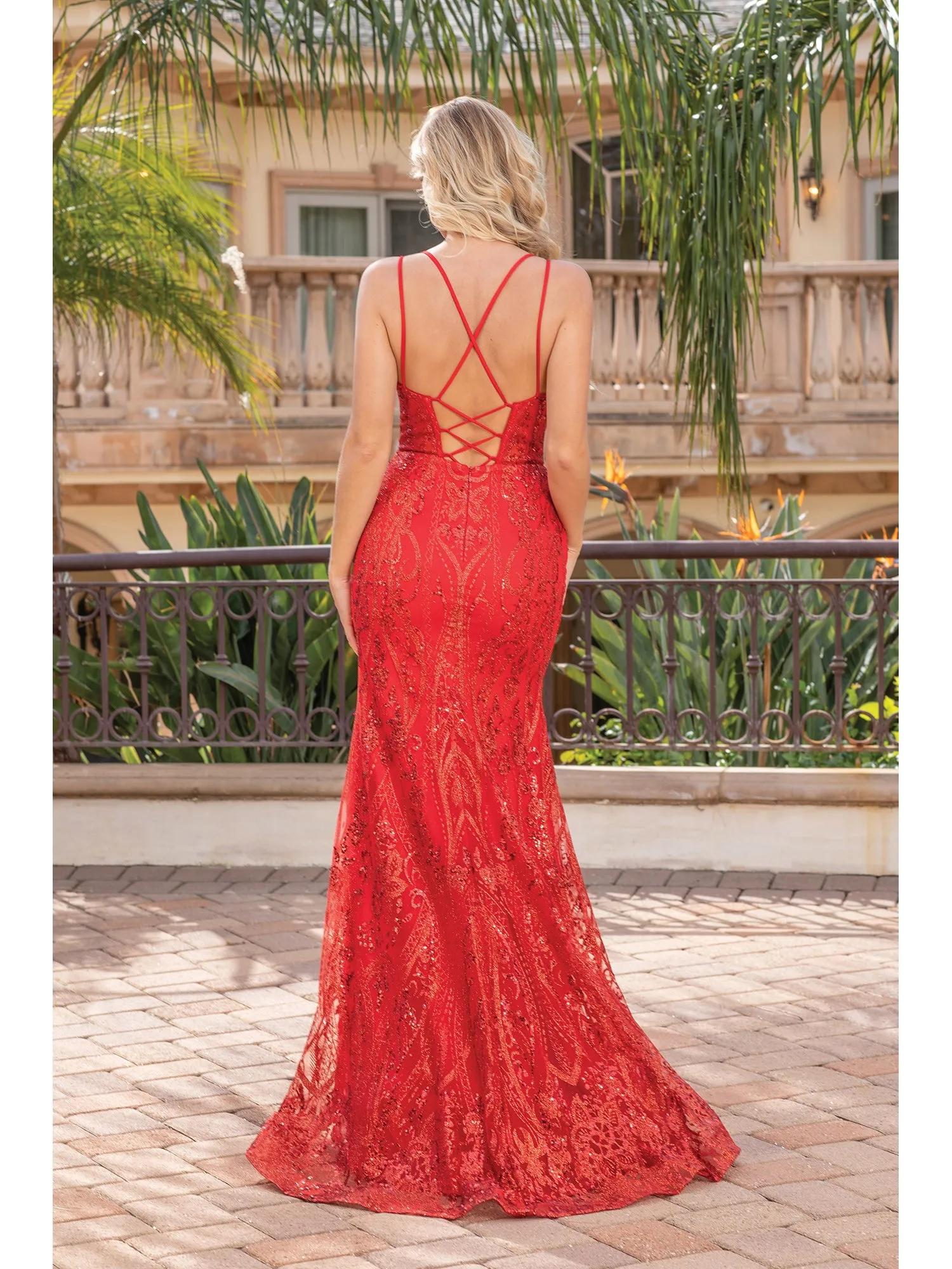 DQ 4336 - Glitter Pattern fit & Flare Prom Gown with Sheer Boned Bodice & Corset Back