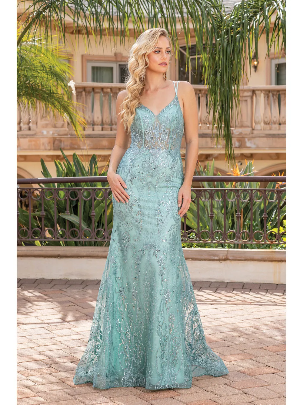DQ 4336 - Glitter Pattern fit & Flare Prom Gown with Sheer Boned Bodice & Corset Back