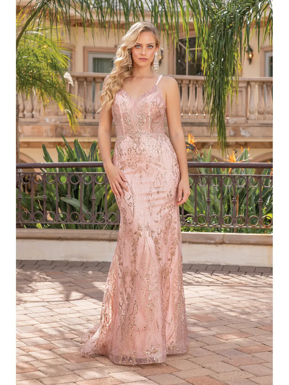 DQ 4336 - Glitter Pattern fit & Flare Prom Gown with Sheer Boned Bodice & Corset Back