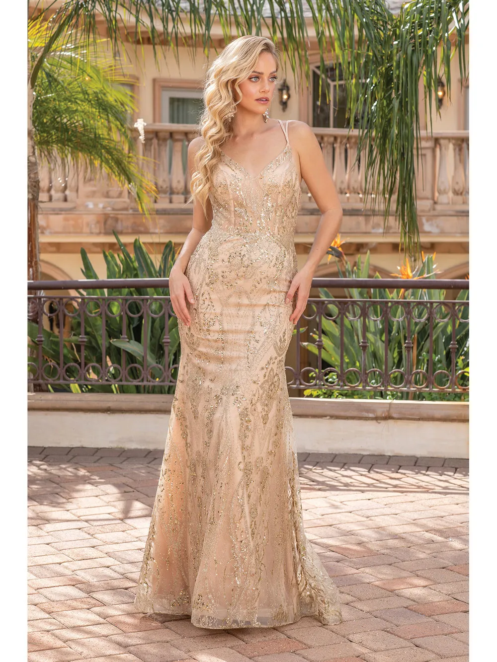 DQ 4336 - Glitter Pattern fit & Flare Prom Gown with Sheer Boned Bodice & Corset Back