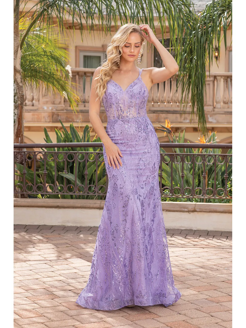 DQ 4336 - Glitter Pattern fit & Flare Prom Gown with Sheer Boned Bodice & Corset Back