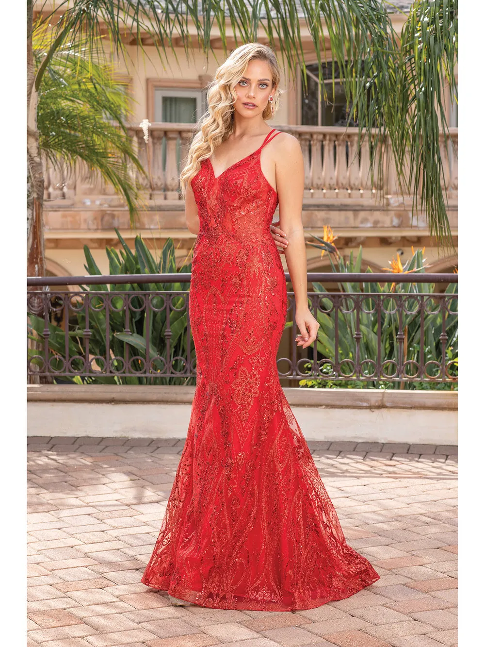 DQ 4336 - Glitter Pattern fit & Flare Prom Gown with Sheer Boned Bodice & Corset Back