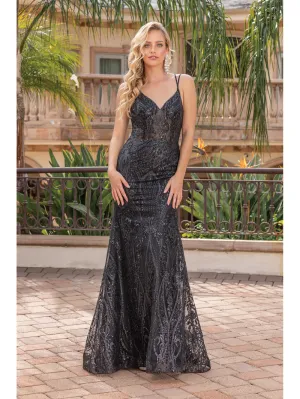 DQ 4336 - Glitter Pattern fit & Flare Prom Gown with Sheer Boned Bodice & Corset Back
